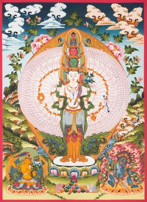 1000 Armed Avalokiteshvara Thangka Art Followed By Manjushree & Mahakala